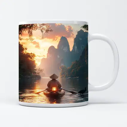 Fisherman Rowing Boat Karst Mountains Sunset
