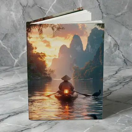 Fisherman Rowing Boat Karst Mountains Sunset