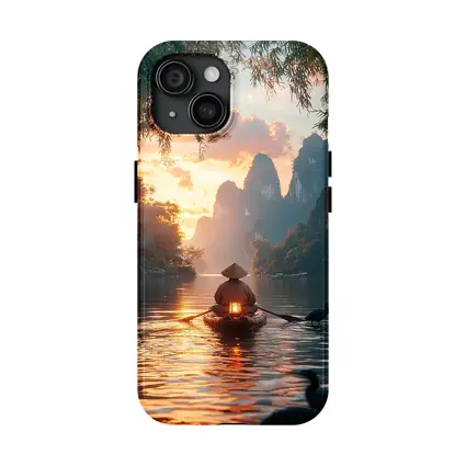 Fisherman Rowing Boat Karst Mountains Sunset