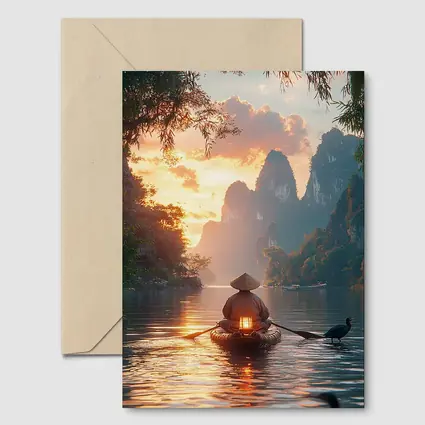 Fisherman Rowing Boat Karst Mountains Sunset