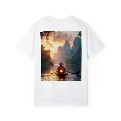 Fisherman Rowing Boat Karst Mountains Sunset