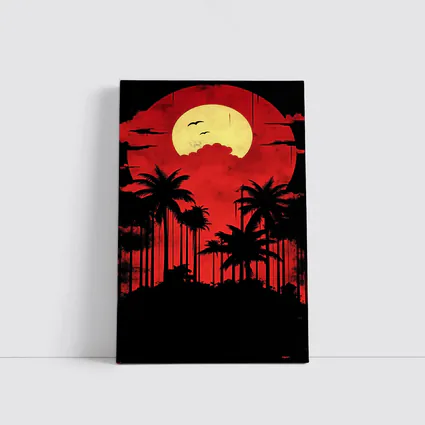 Red Moon Palm Tree Silhouette Night Sky