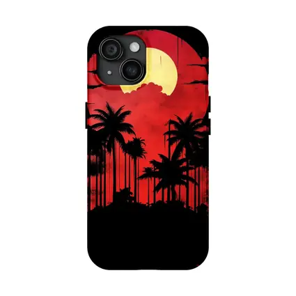 Red Moon Palm Tree Silhouette Night Sky