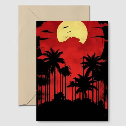 Red Moon Palm Tree Silhouette Night Sky