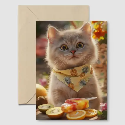 British Shorthair Cat With Summer Fruits