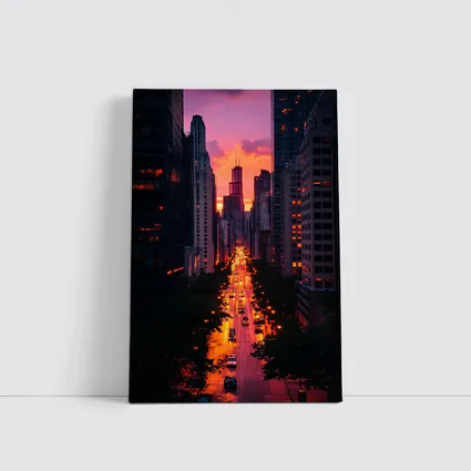 Chicago City Street Sunset Golden Glow