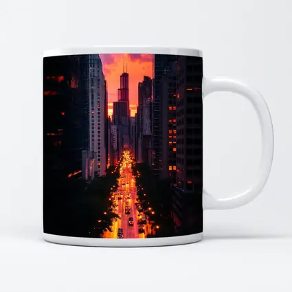 Chicago City Street Sunset Golden Glow