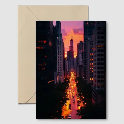 Chicago City Street Sunset Golden Glow