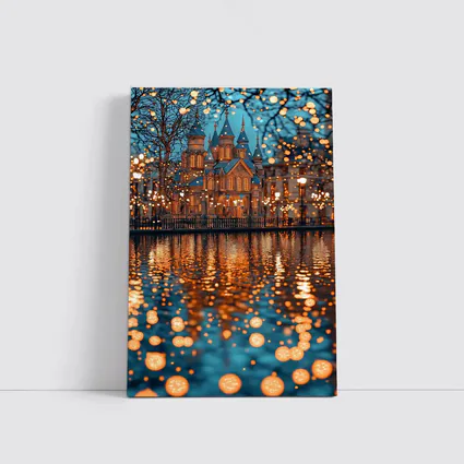 Fairy Tale Castle Glowing Lights Water Reflection