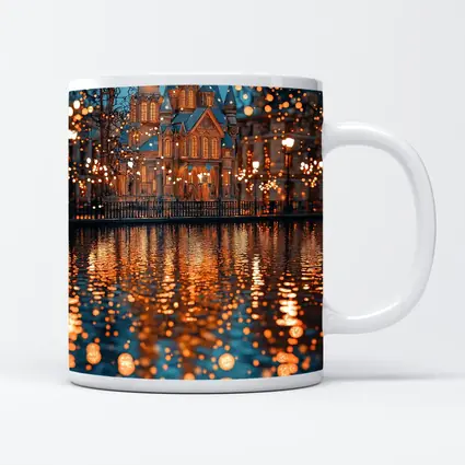 Fairy Tale Castle Glowing Lights Water Reflection