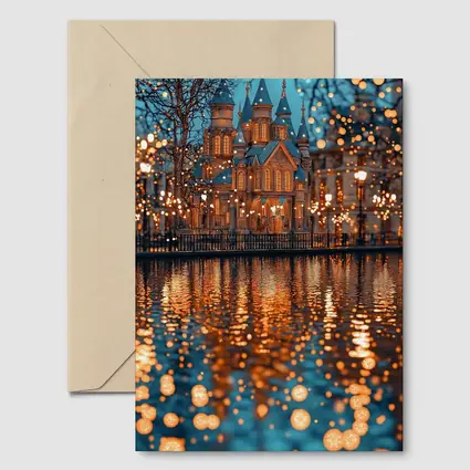 Fairy Tale Castle Glowing Lights Water Reflection