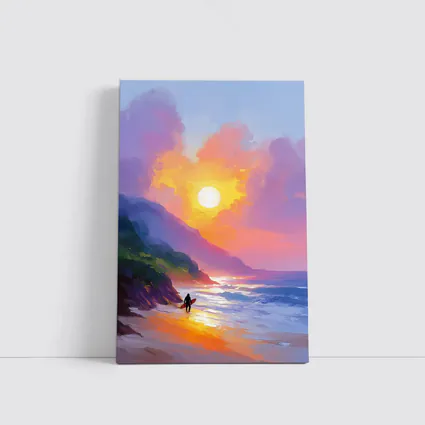 Surfer Walking Beach at Golden Sunset