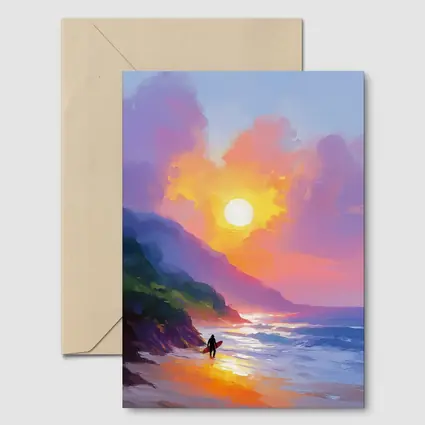 Surfer Walking Beach at Golden Sunset