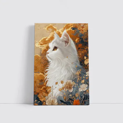 White Cat Japanese Floral Gold Art