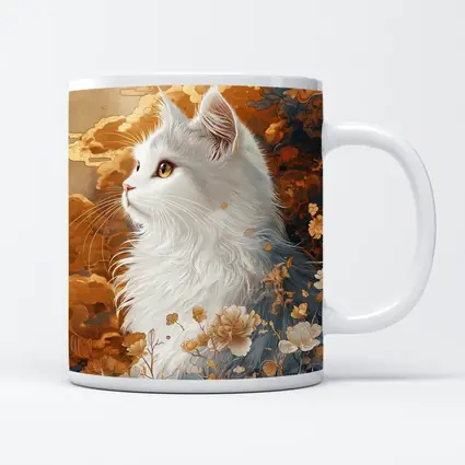 White Cat Japanese Floral Gold Art