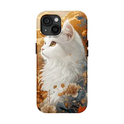 White Cat Japanese Floral Gold Art