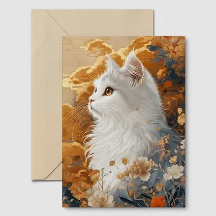 White Cat Japanese Floral Gold Art