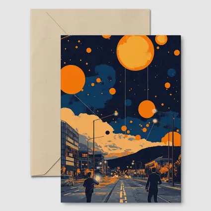 Anime City Street Orange Planets Night Sky