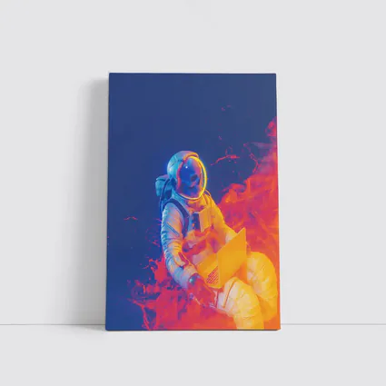 Astronaut Working Laptop Neon Space Flames