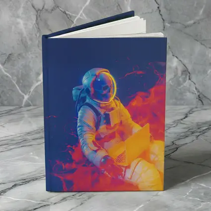 Astronaut Working Laptop Neon Space Flames