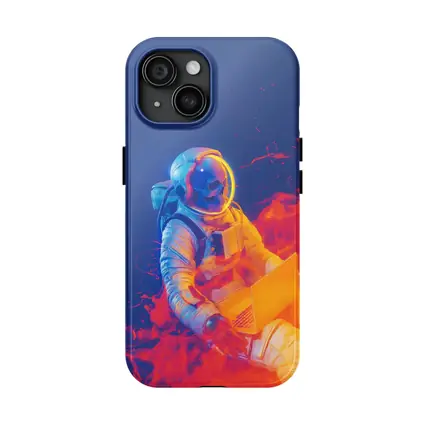 Astronaut Working Laptop Neon Space Flames
