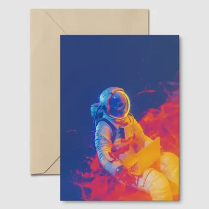Astronaut Working Laptop Neon Space Flames