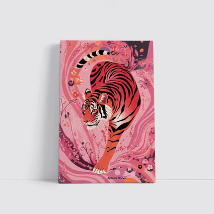 Red Tiger Prowling Pink Floral Swirl Background