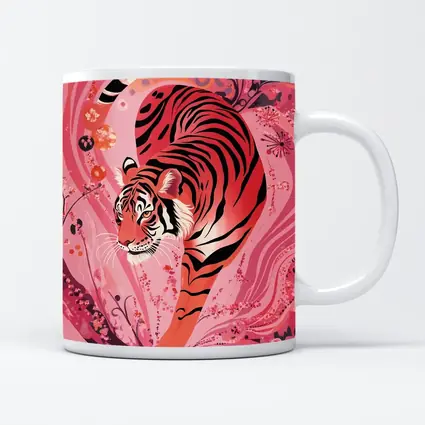 Red Tiger Prowling Pink Floral Swirl Background
