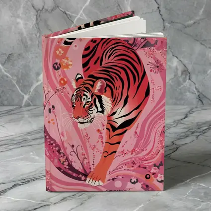 Red Tiger Prowling Pink Floral Swirl Background