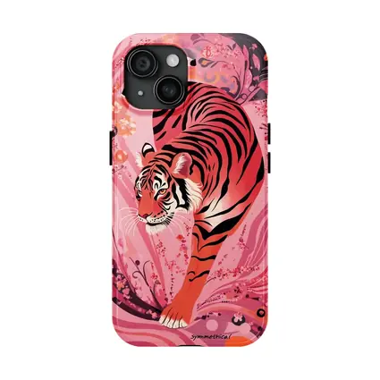 Red Tiger Prowling Pink Floral Swirl Background