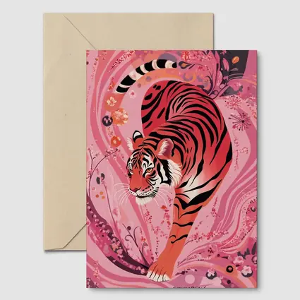 Red Tiger Prowling Pink Floral Swirl Background