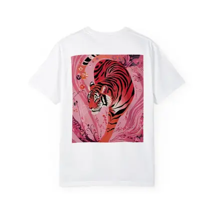 Red Tiger Prowling Pink Floral Swirl Background