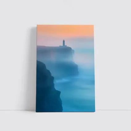 Lighthouse on Misty Cliffs at Sunset