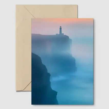 Lighthouse on Misty Cliffs at Sunset