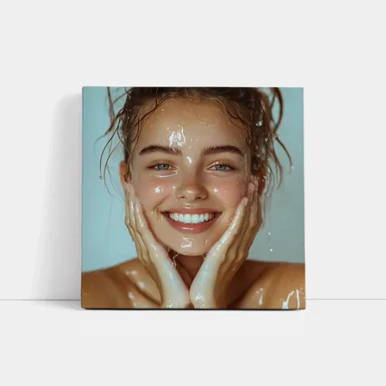 Smiling Woman Washing Face With Water
