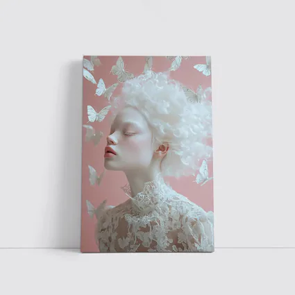 Albino Woman White Butterflies Pink Background