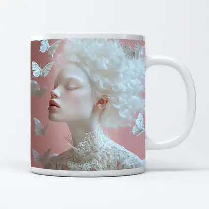 Albino Woman White Butterflies Pink Background