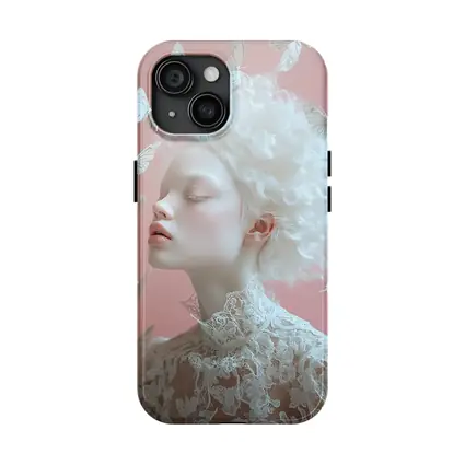 Albino Woman White Butterflies Pink Background