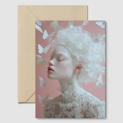 Albino Woman White Butterflies Pink Background