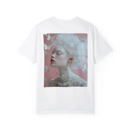 Albino Woman White Butterflies Pink Background