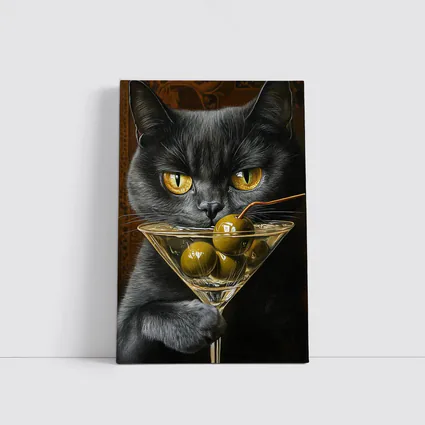 Gray Cat Holding Martini Glass With Olives