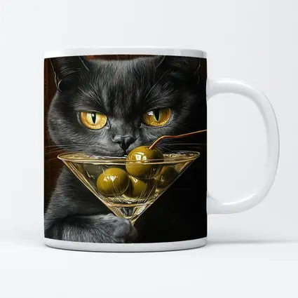 Gray Cat Holding Martini Glass With Olives