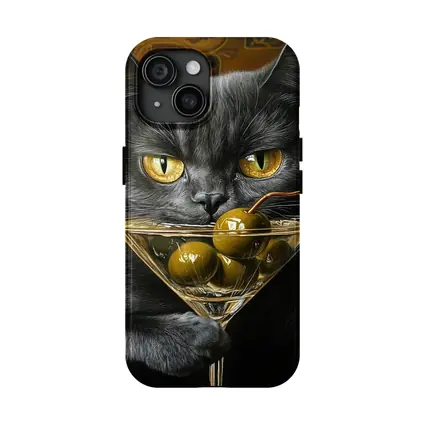Gray Cat Holding Martini Glass With Olives