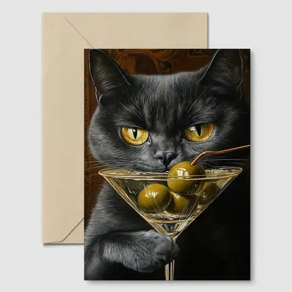 Gray Cat Holding Martini Glass With Olives