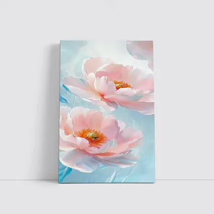Pink Peonies Oil Painting Light Blue Background