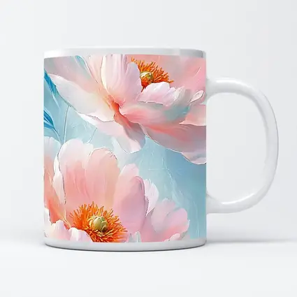 Pink Peonies Oil Painting Light Blue Background