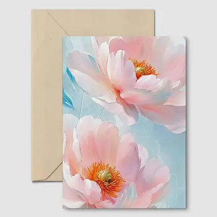 Pink Peonies Oil Painting Light Blue Background