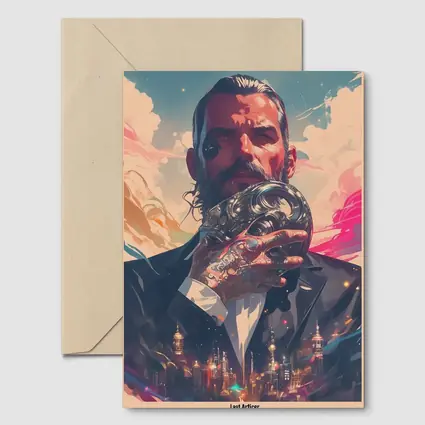 Tattooed Man Holding Mask Futuristic City