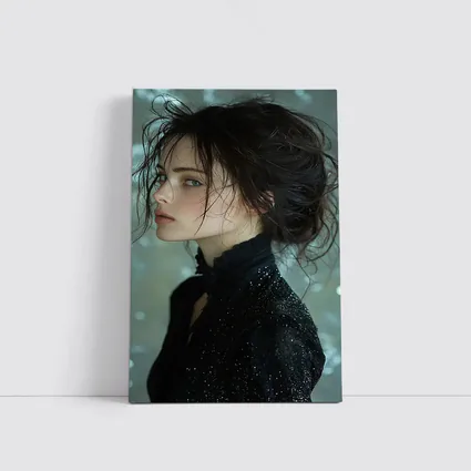 Dark Haired Woman Black Glitter Bokeh Background