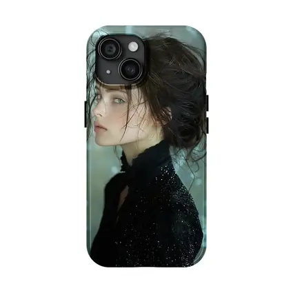 Dark Haired Woman Black Glitter Bokeh Background